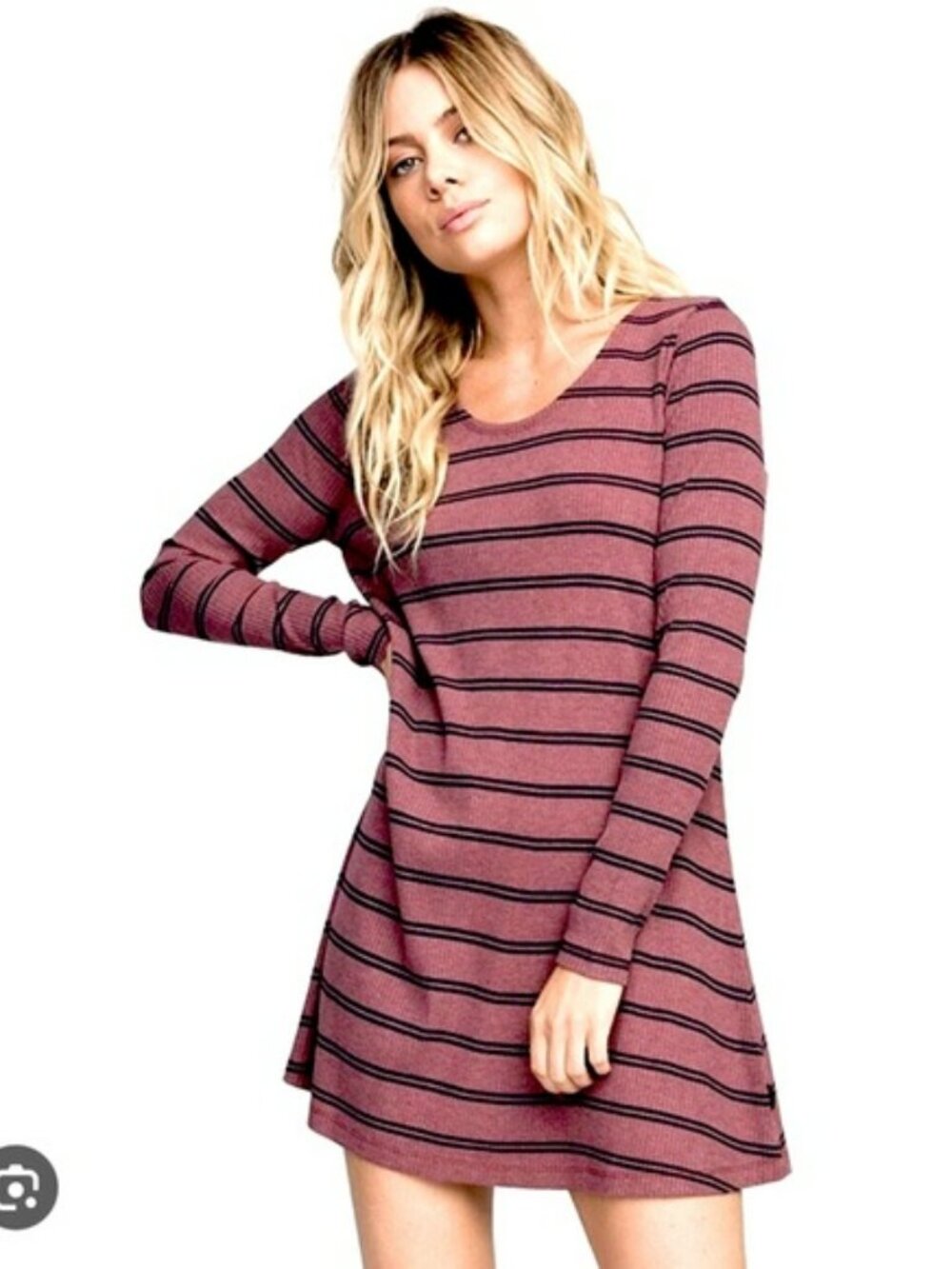 RVCA | Burgundy Navy Stripe Ribbed A-line Long Sleeve Raglan Dress Skater Grunge